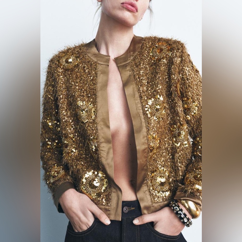 Zara Gold Sequin Bomber Jacket - Picture 2 of 8